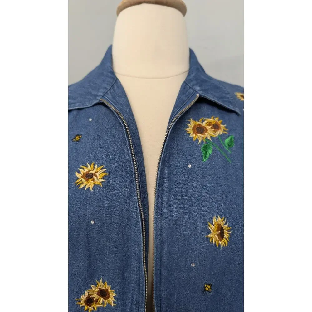 Quaker Factory Denim Jacket Embroidered Sunflowers And Bees Medium - Picture 2 of 12